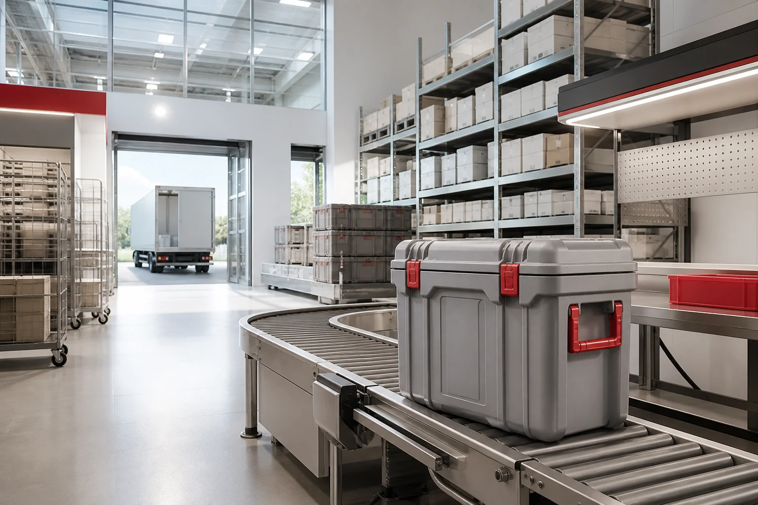 Organized medical logistics hub with secure transport cases and storage